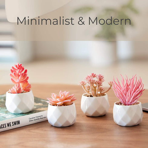 Nordik Set of 4 Desk Plants - Office Decor for Women Desk, Indoor, Living Room, Bedroom, Home and Desk Decor Pink Faux Succulents in White Geometric Ceramic Planters
