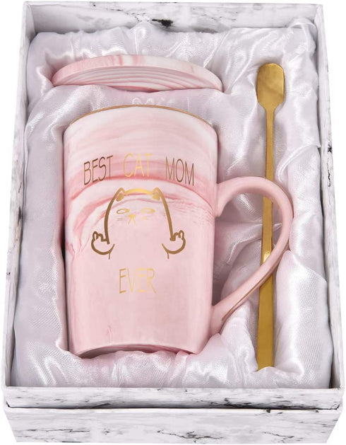 Mom Coffee Mug Best Cat Mom Ever Funny Coffee Mug for Cat Lovers Mom Best Mothers Day Birthday Gifts for Mom from Daughter or Son 14 Oz Pink with Box Packing Spoon Coaster