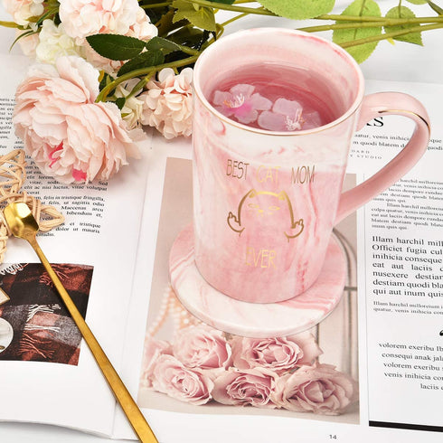 Mom Coffee Mug Best Cat Mom Ever Funny Coffee Mug for Cat Lovers Mom Best Mothers Day Birthday Gifts for Mom from Daughter or Son 14 Oz Pink with Box Packing Spoon Coaster