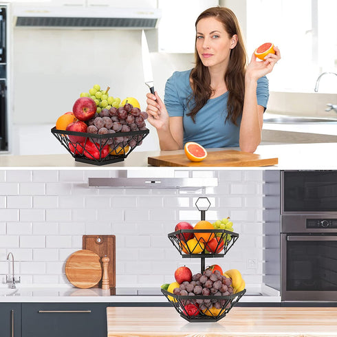 2 Tier Fruit Basket, Two Tiered Metal Fruits Bowl with Handle, Vegetables Bread Baskets Storage Stand for House Farmhouse Kitchen Countertop Organizer Black