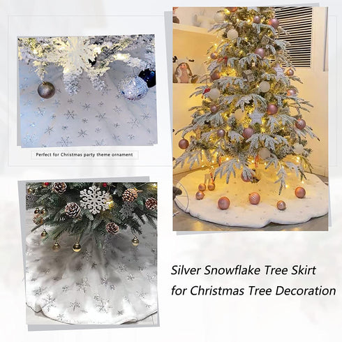Silver Christmas Tree Skirt 36 Inches White Faux Fur Tree Skirts Sequin Snowflakes Plush Snowy Tree Mat for Artificial Trees Decorations