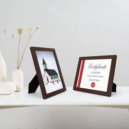 Frametory, 8.5 X 11 Certificate Frame with Back Hangers for Wall Display, Easel Stand Picture Frame for Diploma, Documents, Awards, Wide Molding (Walnut, 2-Pack)