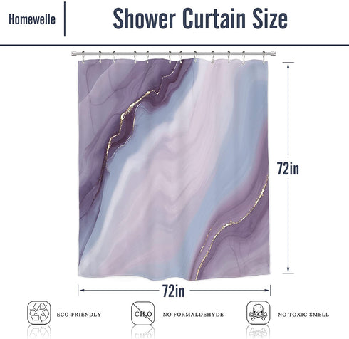 Homewelle Ombre Blue Purple Marble Shower Curtain 72Wx72H Inch Abstract Modern Luxury Cool Unique Ink Texture Geometry Vintage Line Art Aesthetic 12 Pack Shower Hooks Polyester Fabric Bathroom Bathtub