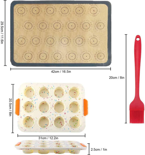 QAQGEAR 4 Pack Silicone Macaron Baking Mats for Making Macaroons Bread and Pastry, Non-Stick, with Silicone Brush and Muffin Cake Mold Cupcake Pan, BPA Free