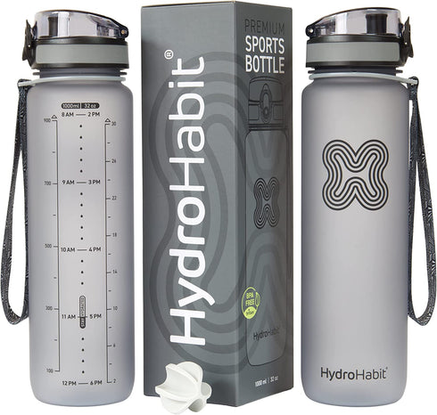 Hydro Habit - Sports Water Bottle with Time Marker Reminder - BPA Free, Non Toxic, Smooth Water Fast Flow, Flip Top Leak Proof Lid, Shaker Ball and Fruit Infuser Strainer - 32 oz 1 Liter
