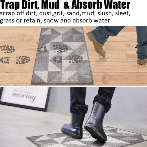 Indoor Doormat 20"x 32", Absorbent Front Back Door Mat Floor Mats, Rubber Backing Non Slip Door Mats Inside Mud Dirt Trapper Entrance Front Door Rug Carpet, Machine Washable Low Profile-Grey Geome