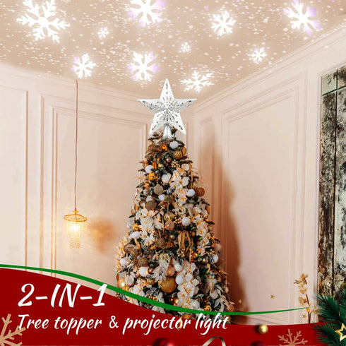 Christmas Tree Topper Lighted, Christmas Tree Toppers with Rotating Snowflakes LED Projector, Silver Star Tree Toppers Christmas Decorations