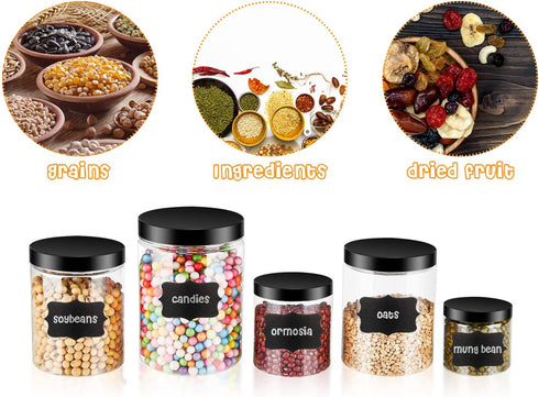14 Pieces Plastic Jars with Black Lids Clear Grain Storage Container with 3 Sheets Label Stickers and 1 Piece Pen