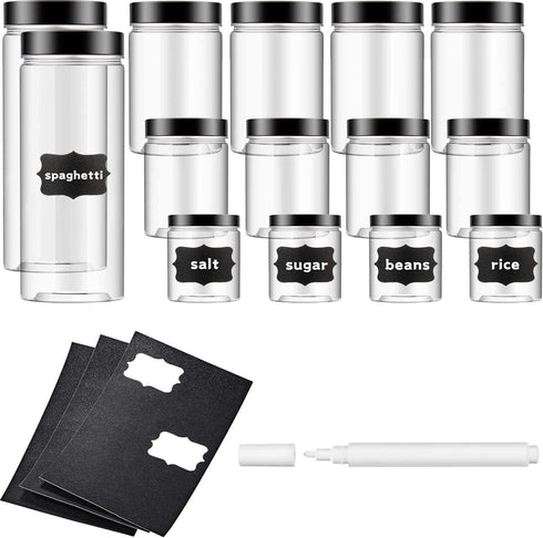 14 Pieces Plastic Jars with Black Lids Clear Grain Storage Container with 3 Sheets Label Stickers and 1 Piece Pen