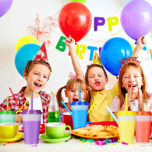 12oz Plastic Kids Cups with Lids & Straws - 7 Pack Reusable Color Changing Cups Adults Drinking Cup | Bulk Tumblers with Straw for Party Ice Coffee Smoothie Juice