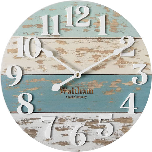 Waltham Real Wood Wall Clock, 10.8 inch, Battery Operated, Coastal Blue/White Finish - Made from Real Wood not Particle Board or MDF- 100% Real Wood!