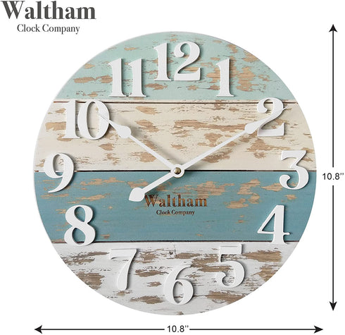 Waltham Real Wood Wall Clock, 10.8 inch, Battery Operated, Coastal Blue/White Finish - Made from Real Wood not Particle Board or MDF- 100% Real Wood!
