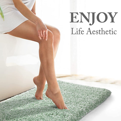 Yimobra Plush Thick and Soft Cut Pile Bathroom Mats, Super Shaggy Comfortable Quick Water Absorbing Non Slip Bath Rugs, Ultra Plush Thick with Machine Washable Bath Mat Light Green