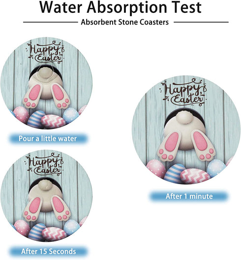 Happy Easter Drink Coasters Set of 6 with Holder Absorbent Ceramic Easter Bunny Coasters for Wooden Table, Cute Rustic Round Coasters Cork Base House Warming Home Gift for Easter Day