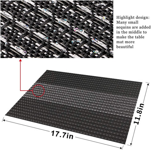 Candumy Black Placemats for Dining Table Set of 6, Washable Woven Vinyl Placemat Non-Slip Heat Resistant Kitchen Table Mats Easy to Clean