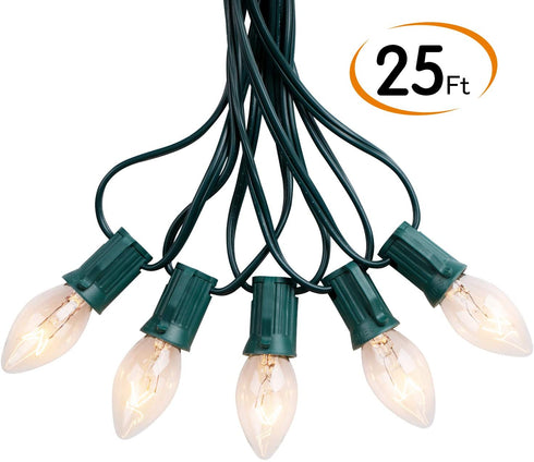 C9 Clear Christmas String Lights, Outdoor Christmas Lights String, Hanging Christmas Roofline Lights, Patio Lights for Outdoor Decor, Green Wire, 25 Feet