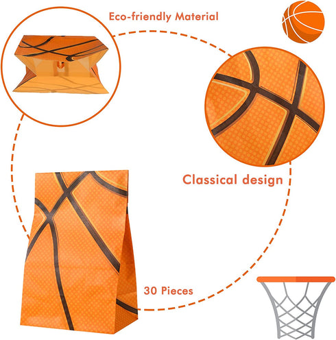 30 Pieces Basketball Party Favor Bags Basketball Goody Treat Bags Basketball Pattern Snacks Candy Biscuits Toys Bags for Kids Boys Teens Adults Basketball Theme Birthday Party Supplies (Orange)