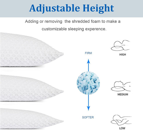 WAJ Shredded Memory Foam Pillow Queen Size Bed Cooling Pillows for Sleeping with Washable Bamboo Cover, Adjustable Gel Infused Foam Fill for Side Back and Stomach Sleepers