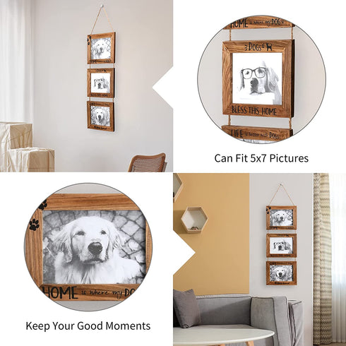 5x7Picture Frame,Dog Picture Frame,Wall Hanging Picture Frame Collage With 3 Openings Photo Frame,Pet Picture Frames Memorial Display Frame on Ropes Gifts for Wall for Home and Office.