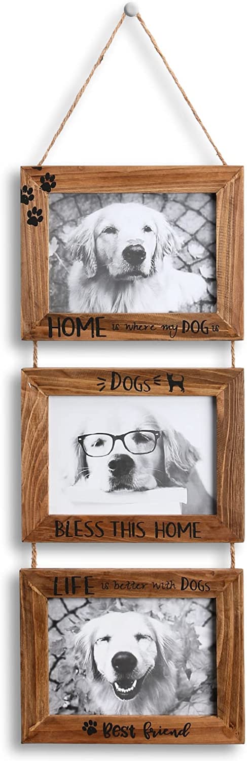 5x7Picture Frame,Dog Picture Frame,Wall Hanging Picture Frame Collage With 3 Openings Photo Frame,Pet Picture Frames Memorial Display Frame on Ropes Gifts for Wall for Home and Office.