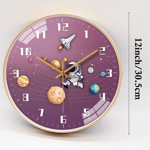 QINFIEY 12 Inch Silent Movement Kids Wall Clock, Non Ticking Children Round Wall Clock Battery Operated Space Travel Style Decor Children Clock for Home School Girls Bedroom Living Room (Pink)