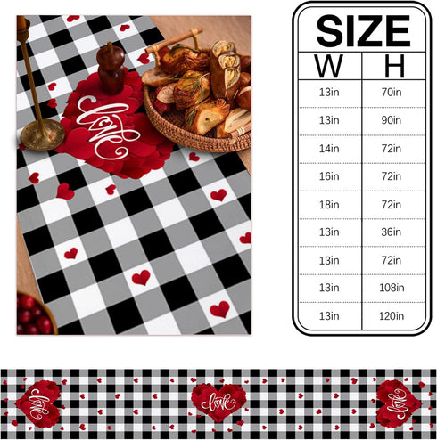 Valentine's Day Table Runner 13x90 Inch, Romantic Red Love Heart Vintage Black White Buffalo Plaid Table Runner Dresser Scarves for Valentines Day Dinner Parties Washable Cotton Linen Table Runners