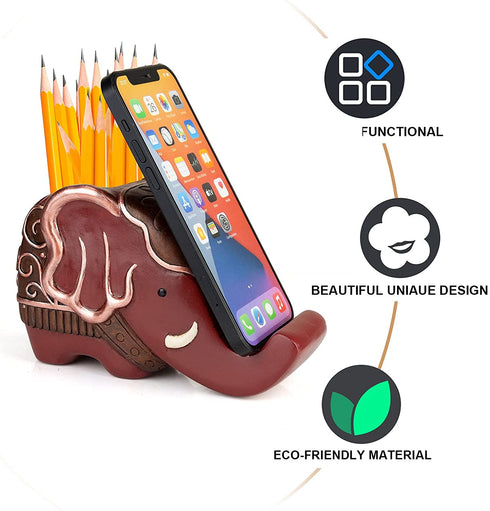 Pen Pencil Holder with Phone Stand, Coolbros Resin elephant Shaped Pen Container Cell Phone Stand Carving Brush Scissor Holder Desk Organizer Decoration for Office Desk Home Decorative (red)