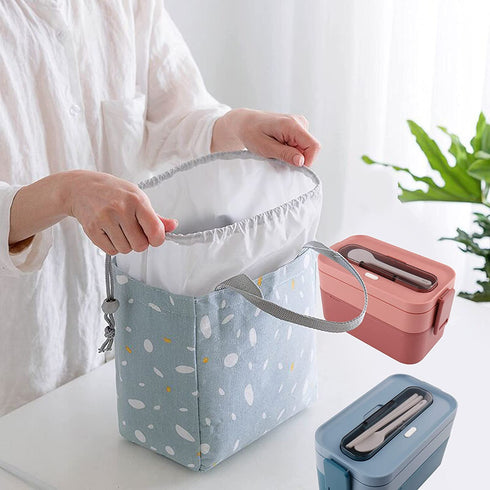 HSYTEK Bento Lunch Box Set Portable , 2 Layer Japanese Lunch Box, Meal Prep Lunch Container with Utensil & A Tote Drawstring Insulated Lunch Bag(Blue)