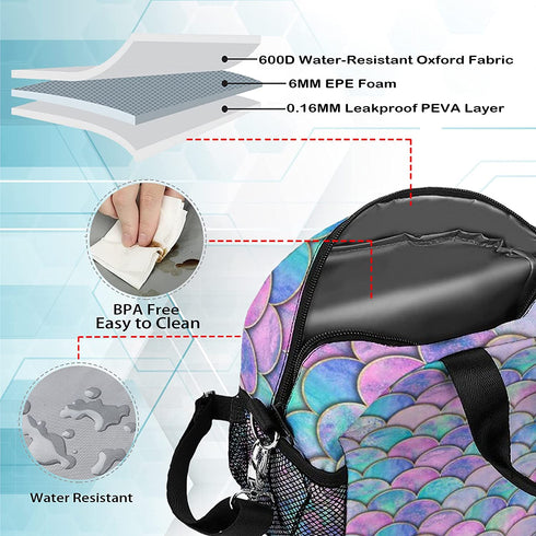 Insulated Lunch Bags for Women Men, Durable Reusable Lunch Box Container for Teens Boys Girls, Cooler Lunch Tote Bags with Adjustable Removable Shoulder Strap for Work Office Picnic Travel (Mermaid)