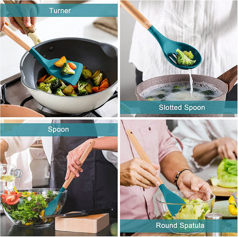 TeamFar 12Pcs Kitchen Cooking Utensils Set, Silicone Kitchen Gadgets Utensil Set for Nonstick Cookware with Wooden Handle, Spatula Spoon Turner, Non-Toxic & Non-Stick, Heat-Resistant, Blue