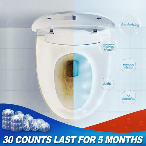 30 Pack Automatic Toilet Bowl Cleaner Tablets,Long-lasting Household Cleaners for Around 2000 Flushes.(Blue,30 Count)