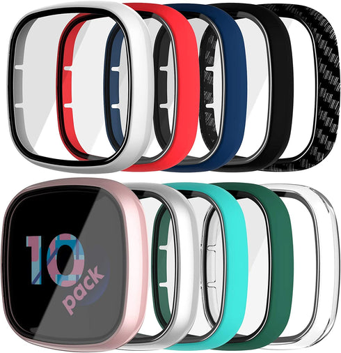 KPYJA 10-Pack Tempered Glass Screen Protector with Hard PC Case Compatible with Fitbit Versa 3/Sense, All-Around Protective Screen Full Cover Bumper Compatible for Fitbit Sense/Versa 3 Smart Watch