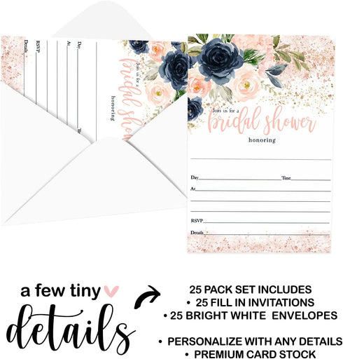 Blush Bridal Shower Invitations with Envelope Set of 25 Rustic Floral Wedding Invites Indigo and Pink Blank Printed Pack DIY (5x7 Size) Paper Clever Party