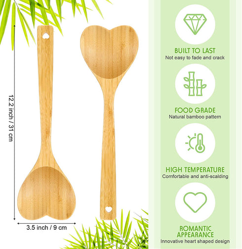 2 Pieces Heart Shaped Bamboo Spoon Set for Valentine's Day, 12.2 Inch Long Handle Wooden Kitchen Utensils Wooden Serving Mixing Spoon for Cooking Baking Stirring