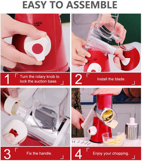 Ancevsk Manual Rotary Cheese Grater - Round Vegetable Slicer with 3 Interchangeable Blades for veggie, Nuts, Fruit ?Red?