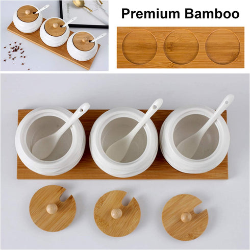 LUEUR Porcelain Condiment Jar Spice Container with Bamboo Lids, Ceramic Spoons & Wooden Serving Tray Ceramic 225ml Sugar Bowl Set of 3 For Kitchen W/Free Blackboard Adhesive Stickers 16 Labels