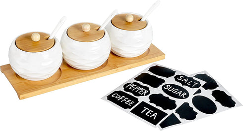 LUEUR Porcelain Condiment Jar Spice Container with Bamboo Lids, Ceramic Spoons & Wooden Serving Tray Ceramic 225ml Sugar Bowl Set of 3 For Kitchen W/Free Blackboard Adhesive Stickers 16 Labels