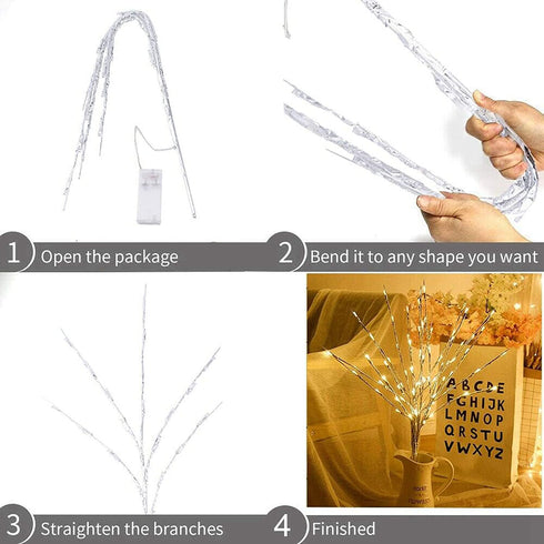 Lxcom Lighting LED Branch Lights 4 Pack 30 Inch Lighted Silver Wrapped Vase Filler Willow Lighted Twig Branch Battery Powered Twig Branches 20 LED Decorative Lights for Home Party Decor, Warm White