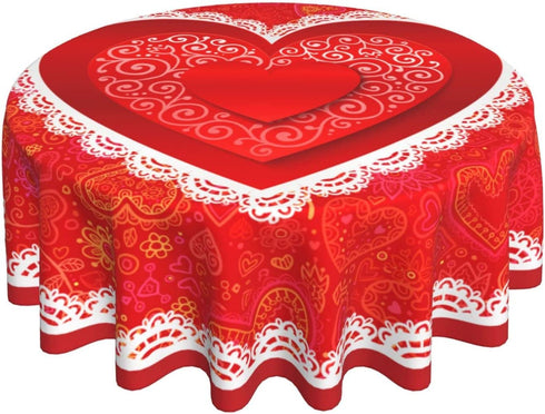 Valentines Day Tablecloth Round 60 inch Wrinkle Free Red Romantic Love Heart Tablecloth Suitable for Kitchen Decorantion / Indoor and Outdoor Dining Table / Party / Picnic