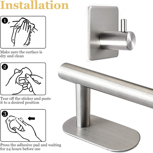 M V VOIMAKAS Self Adhesive Towel Rack Set for Bathroom, 3M 304 Stainless Steel Brushed Nickel Kitchen Towel Bar for Washroom Glass Ceramic Tile Wall Mounted 15.7in