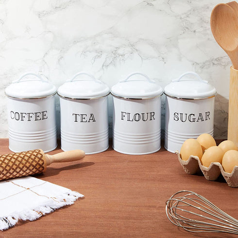 Farmhouse Canister Set, White Metal Kitchen Containers with Lids (4 x 6.3 In, 4 Pack)