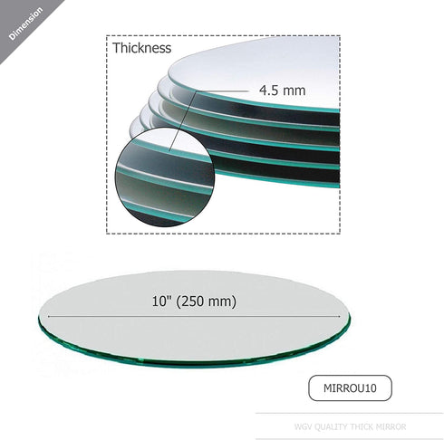 WGV Large Round Mirror Plate 10" Diameter, 4.5 mm Thickness, Frameless Sanded Edges, Quality Thick Candle Tray, Home Event Party Wedding Table Centerpiece Wall Decor, 1 Piece