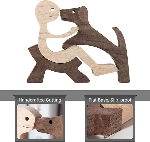 Handmade Wood Decor Sculptures, Sitting Man and Dog Statue, Carved Creative Home Office Gift Decoration Natural ECO Friendly
