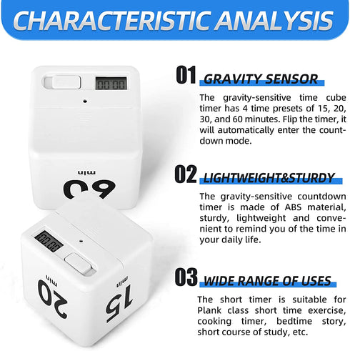 MEANLIN MEASURE White Cube Timers,15-20-30-60 Minutes Gravity Sensor Flip Timer,Kitchen Timer,Kids Timer for Time Management,Exercise Management,Studying,Cooking and Meeting