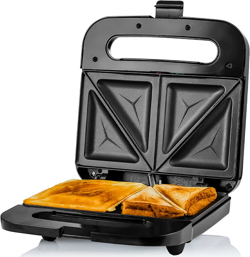 Ovente Electric Indoor Sandwich Grill Maker with Non-Stick Cast Iron Grilling Plates, 750W Countertop Bread Toaster Easy Storage & Clean Perfect for Breakfast Grilled Cheese Egg & Steak, Black GPS401B