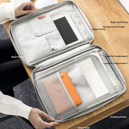 A4 Document Bags Portfolio Organizer Waterproof Business File Holder Travel Document Bags for Office Ipad Pen Notebooks(Light Grey)