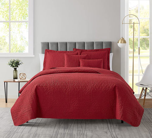 Clara Clark Quilts, All Season Bedspread Coverlet Quilt Set - Pinsonic Weave Lightweight Quilted Comforter Bedding Set, Quilts Twin Size, Grid - Burgundy