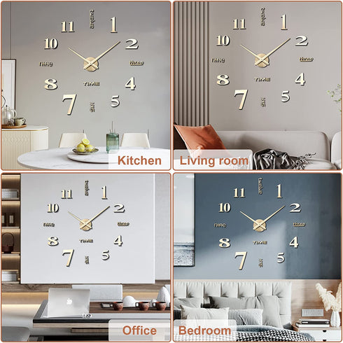 AILILIFE 3D DIY Wall Clock Decor Sticker Mirror Frameless Large DIY Wall Clock Kit for Home Living Room Bedroom Office Decoration (Gold)