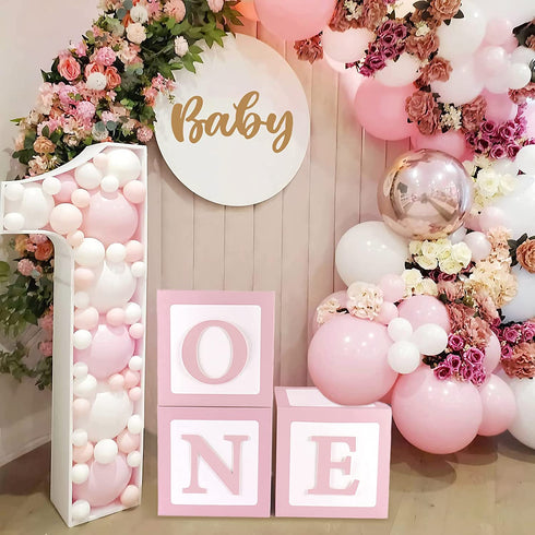 First Birthday Decorations for Girl Pink ONE Boxes ,3Pcs ONE Balloon Boxes Baby 1st Birthday Girl Decorations with 2 Set of ONE letters,DIY ONE Blocks for Pink Girls Teddy Bear Baby Shower Decorations Photoshoot Props