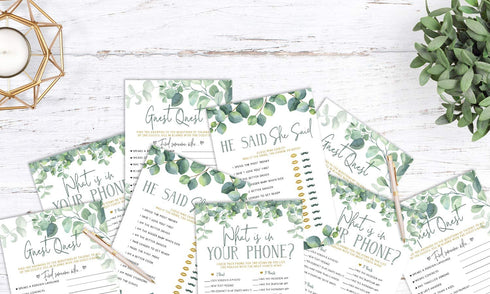 Bridal Shower Games (Set of 6 Fun Activities for 25 Guests), Greenery Floral Eucalyptus Theme